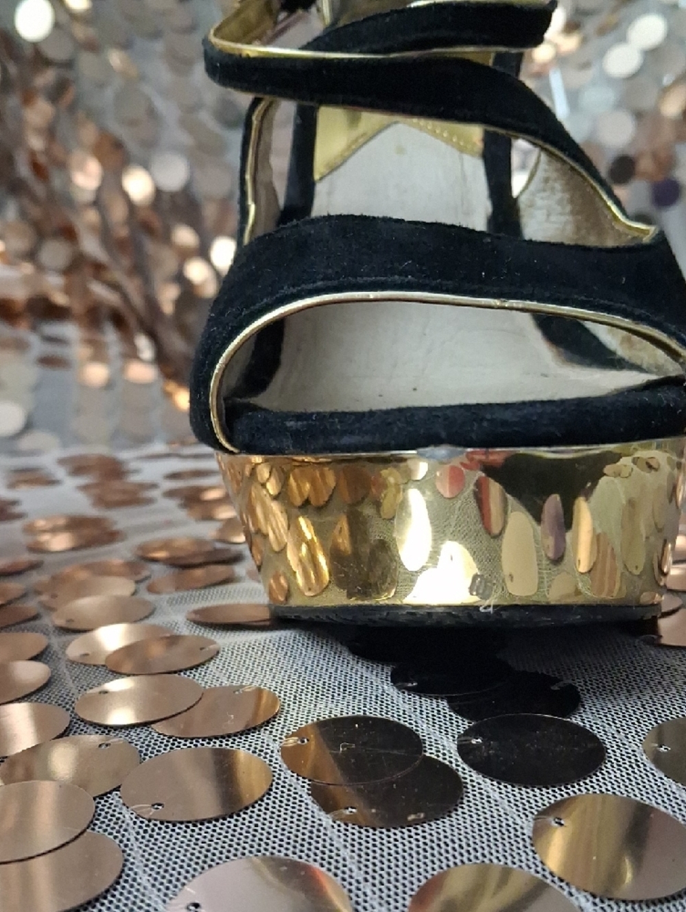 Michael Kors Black Suede and Gold Wedge Sandals - Picture 12 of 12